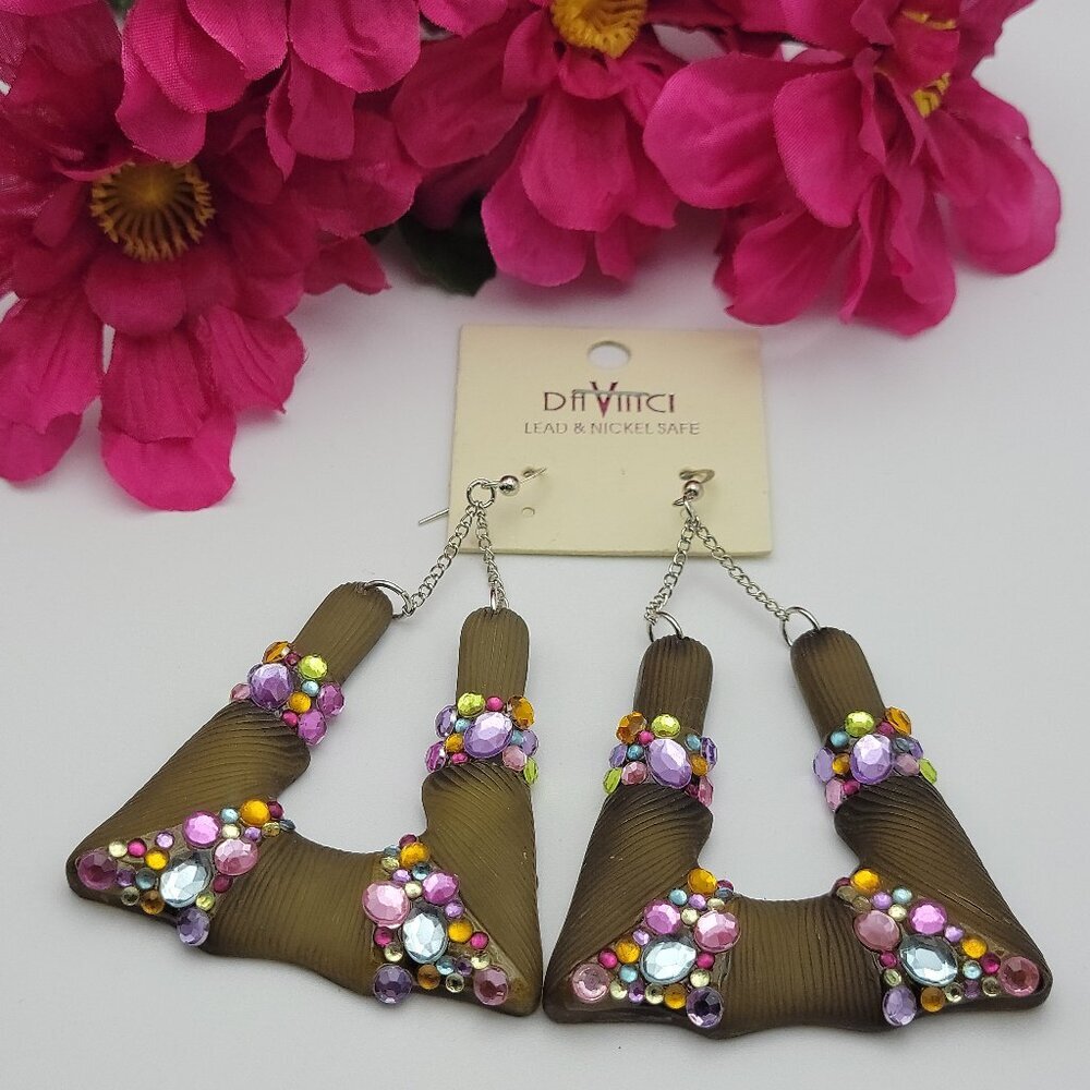 Da Vinci Earrings Art Deco Statement 2.5" Green Multicolor Rhinestone Triangle